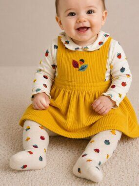 Wonder Nation 3 Pc Set, 3-6M Mustard Corduroy Pinafore Dress Top Tights NWT Baby